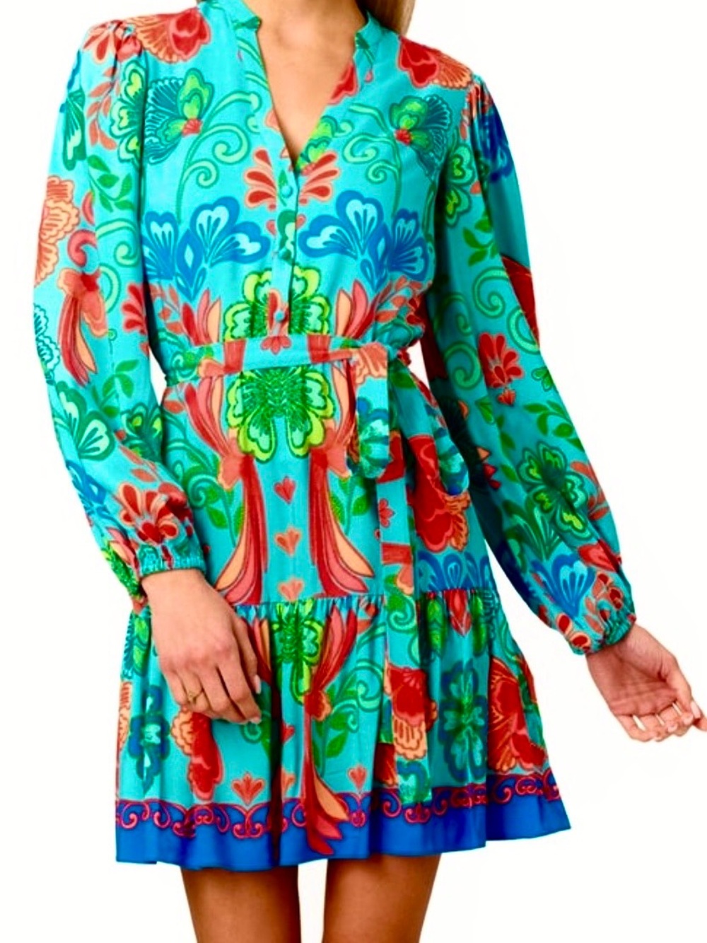 Adrianna Papell Turquoise Multicolor Floral Long Sleeve Tiered Dress